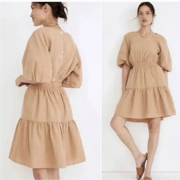 Madewell Dress 2XL Mini Seersucker Puff-Sleeve Cutout Tan Brown Plus Size - Picture 4 of 9